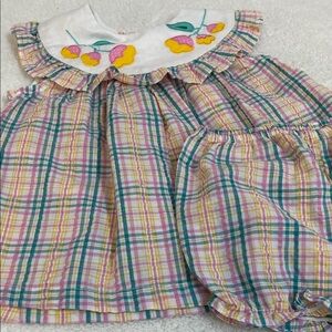 12m Vintage Smocked Plaid Ruffle Collar Dress Set Baby Girls Boutique Appliqué